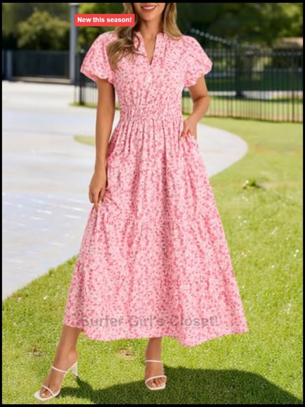 Women's V-Neck Floral Maxi Dress Short Puff Sleeve Smocked Boho Beach Dress - Picture 4 of 7